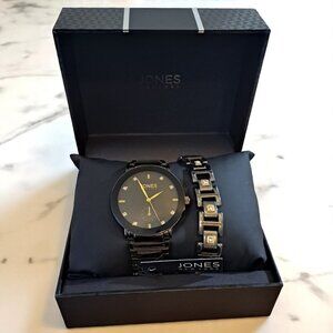 Jones New York Men's Black Metal Watch and Bracelet Set NWB